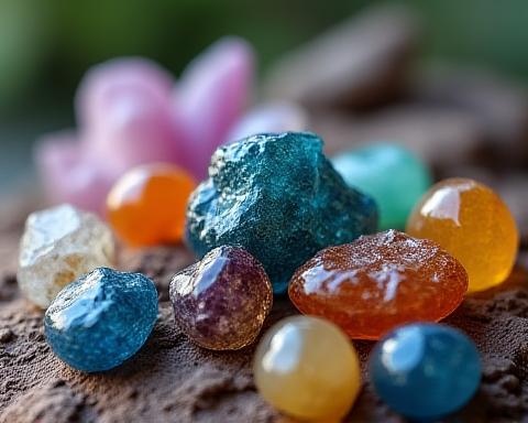 Colección de minerales y cristales coloridos sobre una superficie de roca